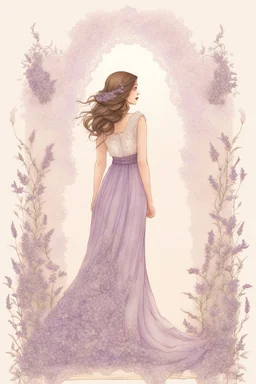 an illustration of a Beautiful woman stands gracefully in an elegant, flowing lavender dress adorned with delicate floral patterns and lace. The backdrop behind her transitions from cream at the bottom to soft hues of lavender at the top, creating a whimsical and almost magical atmosphere. To her right, a piece of lined paper appears, as if torn from a notebook. The borders of this paper are embellished with beautiful flowers, by Ryohei Hase, Agnes Cecile, Raymond Swanland, Anne Bachelier