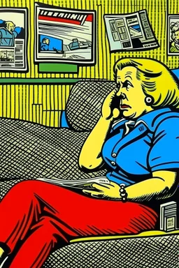 fat woman sitting on sofa READING NEWS PAPER listening to radio watching tv news in a room with signs of propaganda in the style of roy lichtenstein