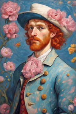 kind sailor, man, red slightly curly hair, long jacket, pink-azure clothes, pink-azure cocked hat, white floral pattern on the jacket, a flower in the hair runs to the princess to protect her, Portrait of Van Gogh