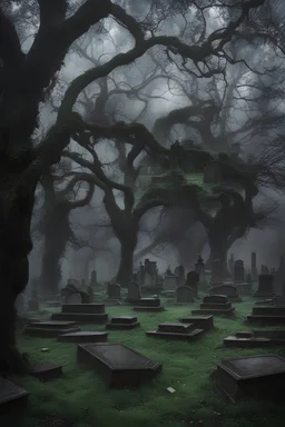 An eerie, fog-shrouded graveyard, with crumbling tombstones and gnarled trees, hiding secrets and stories long forgotten.