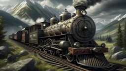 hyperrealistic antique locomotive railroad in the mountains, beautiful landscape, cloudy, super hyperdetailed