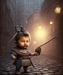 little boy samurai. shadows, Brent Weeks, Night Angel, cobblestone street alley, highly detailed, hyper-detailed, beautifully color-coded, insane details, intricate details, beautifully color graded, Cinematic, Color Grading, Editorial Photography, Depth of Field, DOF, Tilt Blur, White Balance, 32k, Super-Resolution, Megapixel, ProPhoto RGB, VR, Halfrear Lighting, Backlight, non photorealistic rendering