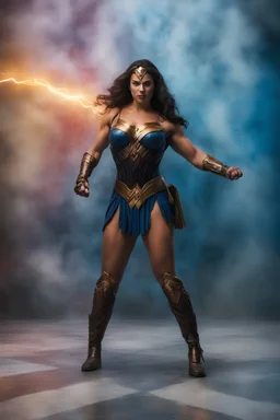 wonder woman extremely huge, overexaggerated muscles, posing and flexing in a front of the camera, random extreme action poses, an extremely colorful, multicolored foggy blue marble wall in the background with a colorful marble tile floor, multicolored lightning, realism engine,