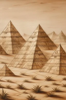 A beige desert with pyramids designed in Australian aboriginal art painted by Albrecht Durer