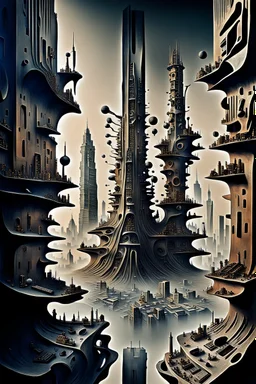 a stunningly weird image of a futuristic metropolis using Salvador Dali's paranoiac-critical method, where buildings and structures appear to melt into the skyline cityscape is filled with floating mad, twisted sharp metal shapes that interact with the buildings and each other, forming a surreal tableau of a dreamlike reality. neu-steampunk vibe, essence of the scene in a cinematic manner, with dramatic shadows that enhance the distorted perspectives and bizarre