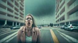 wide angle shot of crying woman driving though parking lot away from visible hotel building