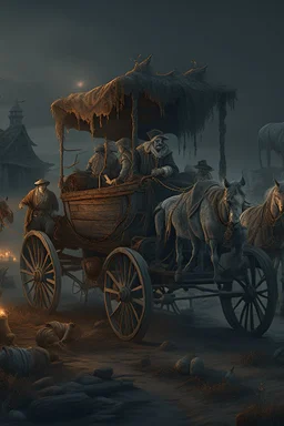 Bosch nightmares paint inf style Title: "wagon gypsy , insanely detailed octane render trending on artstation, 8k artistic photography, photorealistic concept art, soft natural volumetric cinematic perfect light, chiaroscuro, award-winning photograph, masterpiece, oil on canvas, Raphael, Caravaggio, Greg Rutkowski, people, beksinski, Giger