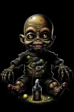 Science experiment Horror Doll by Richard Corben, Todd Schorr, T-Shirt Design, Black Background