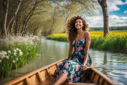 shot from front ,green field and wild flower field ,beautiful face girl in pretty dress curly hair sitting in a boat in water toward camera in trees next to wavy river with clear water and nice sands in floor.camera capture from her full body front, spring blosom walking to camera ,wild flowers moving in the wind ,blue sky,moving pretty clouds ,joy full face.