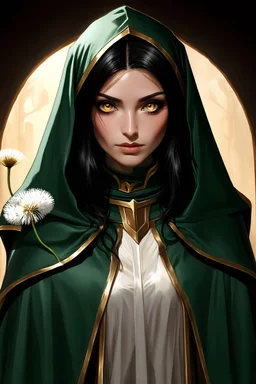 dungeons & dragons; digital art; portrait; female; cleric; golden eyes; black hair; arabian nose; arabian traits; young woman; robes; long veil; soft clothes; dark green and gold robes; robes with armor; cleric of eldath; dandelions; good; traveling;