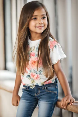 Little 8 years old 1girl wearing a pretty shirt and jean pant, standing pose