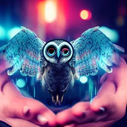 spanish, realistic rendering owl stamding on woman a hand, metal beak, red eyes, complex circuits on eyes, bombed city background, luminescent lights, blade runner, cimematic, michael mann movie