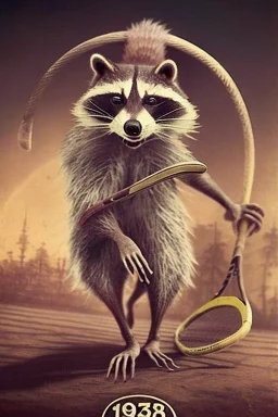 old man in 1928 poster advertising racoon tennis, raccons flying in air between tennis rackets while humans::4 use them as a tennis ball, evil, crazy