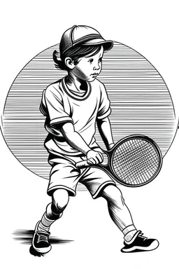 A black and white image of a classic tennis player KIDS performing a backhand swing on a grass court. Style: Vintage Photography, Mood: Timeless and Skillful, Lighting: Sunlight with soft shadows, T-shirt design graphic, vector, contour, white background.