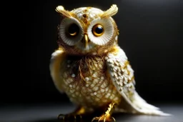 owl sculpture made of gold wire, real pearls, driftood and cotton balls