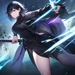 Clear focus,High resolution, Black short fluffy hair, and purple eyes, wearing a black outfit, must wear a short skirt, holding a glowing katana, fighting stance