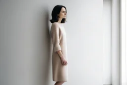 Woman wearing a wool dress, leaning against a white wall, fashion photography, real photography,16K