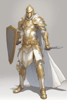 Leonin knight wearing white and gold armor, wearing a white and gold cape, holding a large sword and shield