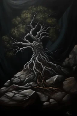 Acrylic painting of a twisted tree growing from a round rock, roots twisted around the rock and hanging below, cantered image, lots of negative space around, dark background, muted colours, minimalistic