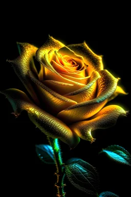 zbliżenia na zapierający dech w piersiach, wspaniały, świecący bioluminescencyjny kolorowy kwiat róży,w nocy, złota magia, wspaniała, skomplikowana, niezwykle szczegółowa, piękna