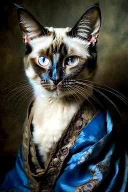 Portrait Renaissance Portrait of a female Siamese cat wearing classic mediveal gown and veil outfit, oil painting texture, piercing blue eyes, texture background