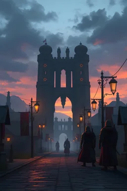 A street in Vallaki in the late evening with in the distance one large guard and two smaller guards. A fantasy RPG style image.