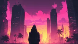 Yellow pink bright colors and. French animation arcane style. Hot summer in the dark gloomy cyberpunk city with skyscrapers and palm trees. A guy in the black hoody alone in the street in front of sky in the sunrise