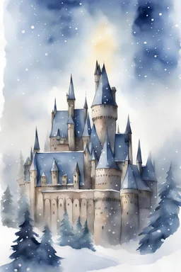 watercolor new year at Ravenclaw at Hogwarts. Lots of snow.