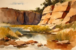 Clludy day, rocks, cliffs, arid land, river, weeds, winslow homer watercolor paintings