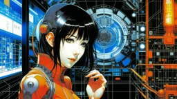 An illustration by Kuniyoshi and Miyazaki of a tech-girl inside a futuristic matrix-grid.