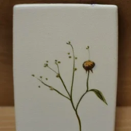 tiny oil painting of single long stem pressed flower, tiny white canvas, tiny white frame, melancholy, tender, moody, vintage, delicate arrangement, beautiful composition, etsy, aesthetic layout, plain solid white background