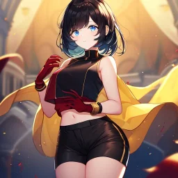 Clear focus,High resolution, Black short fluffy hair, and blue eyes, wearing a black shorts, sleeveless crop top, wearing long dark red gloves, yellow cloak