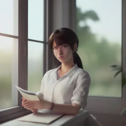 female student studying by the window, anime style,perfect face, cool face, ultra detail, unreal engine 5, cinema4d, sun light, studio lighting --ar 1:1 --v 4