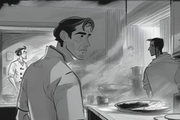 black and white storyboard, wide, on the Foreground there is a man in profile close to the camera and in the background, 3 chefs, scattered throughout the kitchen cooking, frying, cutting