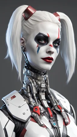 A realistic white harley quinn in a titanium cybernetic suit, detalhado, designe perfeito, alta qualidade arestas perfeitas e simetricas ::n_desenho de estilo, Low-quality imperfection, boneco, game, anime