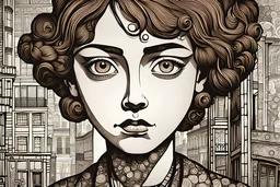 create an abstract asymmetric cubist, lithographic print illustration of an epic grubby and ragged, sad eyed,17th century female Paris street urchin with highly detailed and deeply cut facial features, in the style of GUSTAV KLIMT, EDWARD BURNE-JONES, WILLIAM MORRIS, and KATHE KOLLWITZ combined with the comic art style of BILL SIENKIEWICZ and JEAN GIRAUD MOEBIUS, searing lines and forceful strokes, precisely drawn, boldly inked, and darkly colored