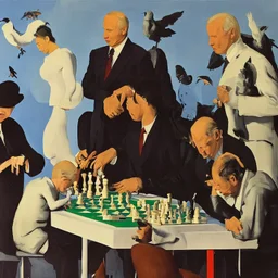 Putin, President Xi Of China And Joe Biden Play Chess With A Pigeon,Ufo,Complex Surgical Instruments,A Newborn Boy,Minimalism,Painting By Adrian Ghenie,Rene Magritte,Pablo Picasso,Lucian Freud,Michelangelo,Salvador Dali