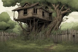 tree house , overgrown apocalyptic background, comic book, garden, fence