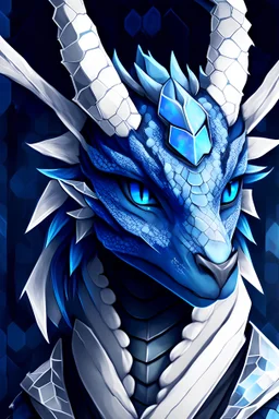 adolescent midnight blue humanoid dragon, bright blue eyes, slate grey and silver horns, confident, soft features, hollowed out hexagon patterned background kemono style