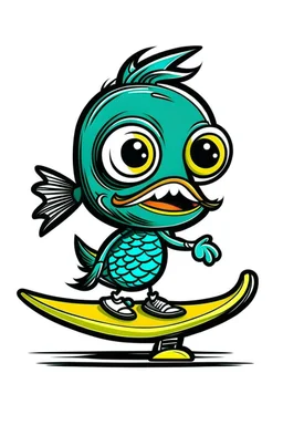 A cartoon fish with a handlebar mustache and a skateboard tucked under its fin. Style: Retro Comic Book, Mood: Playful and Energetic, Lighting: Flat, bold colors, T-shirt design graphic, vector, contour, white background.