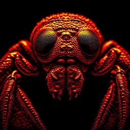 A national geographic award skin color patterned like a poisinous incect or reptile, horrorcore, science gone crazy, winning photograph of of a bat spider housefly hybrid in nature and on the hunt, 64k, reds, oranges, and yellows anatomically correct, 3d, organic surrealism, dystopian, photorealisitc, realtime, symmetrical, clean, 4 small compound eyes around two larger compound eyes, surrealism telephoto dynamic lighting 64 megapixels Unreal Engine volumetric lighting VRay