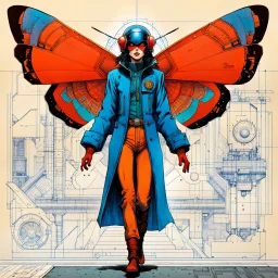 Hand drawn technical,full body portrait illustration , with detailed blueprints and engineering schematics of a walking cecropia moth insect girl, in the comic book art style of BILL SIENKIEWICZ and JEAN GIRAUD MOEBIUS, with highly detailed facial features, drawings, and technical notation, 8k, vibrant natural colors