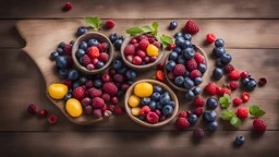 Colorful berries assortment on rustic wooden table