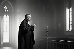 a priest in a crowded church who realizes that he is having an attack of colitis and, while he is preaching, tries to hold back a big fart. Insane details, photo shooted by Nadar. Low contrast, no hands