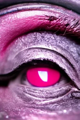 Extreme close-up of the human eye and robotic eye of a cyborg assassin, soulless, gleaming metallic pink to metallic red, cyberpunk technopunk AbstractTech, rectangular