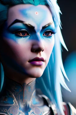 Smirking anime vampire, light blue hair, blue eyes, facepaint, up portrait, 8k resolution, intricate details, ornate details, soft lighting, vibrant colors, retroanime, masterpiece, intricate eyeliner, dark eyeshadow, eyes, intricate tattoos, futuristic cityscape background