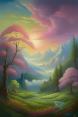 "Sometimes we need fantasy to escape reality ": --- The artwork depicts a serene landscape, where a vast, lush forest stretches out beneath a sky painted in hues of soft pastels. Towering trees with branches adorned with delicate blossoms extend towards the heavens, creating a canopy that filters the sunlight, casting dappled shadows on the ground below. In the distance, majestic mountains rise, their peaks disapp