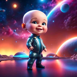 (masterpiece, best quality, 8k, RAW photo, beautiful and aesthetic:1.2), complex detail, Indirect light, photorealistic, (((full body))), Cosmic Boss Baby style smiling, bald, colorfull Sci-Fi environment