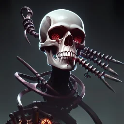 hand screw clamp with a human skull in vice, striped caution detailing, robotic arms holding these clamps, Phyrexian background