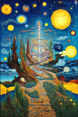 God suspends the laws of nature; Golden Ratio; Ecstatic; in a topsy turvy mashup of the styles of Hundertwasser and Van Gogh.